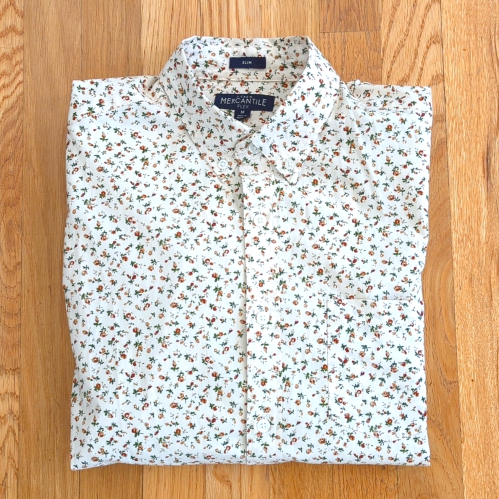 J. Crew Mercantile Flex Slim Cream Floral Button Down Shirt Size Medium